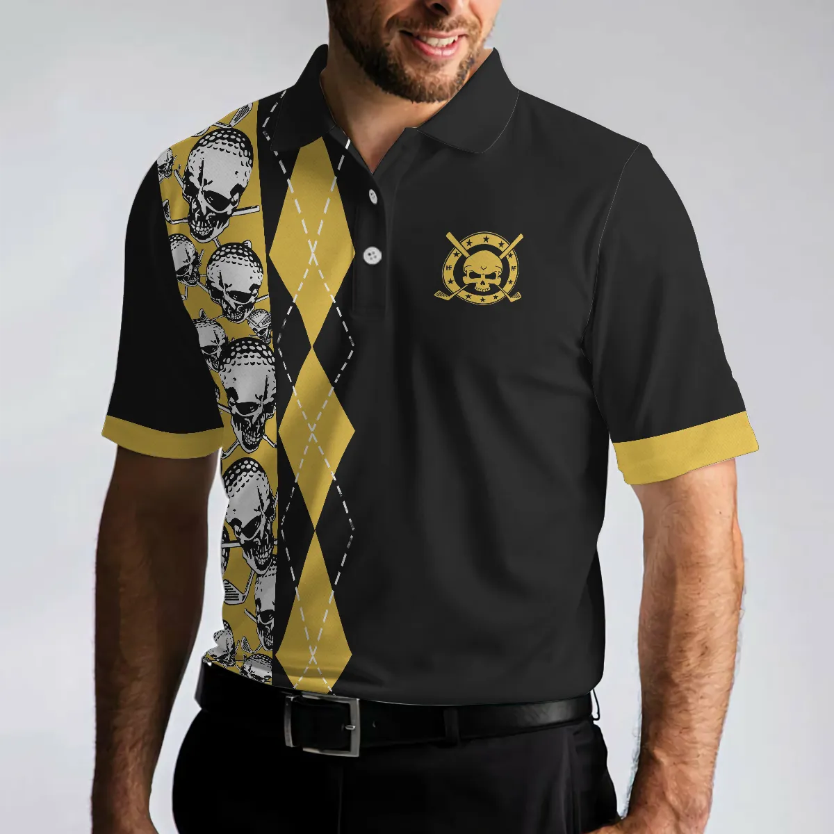 All Men Are Created Equal Then A Few Become A Golfer Polo Shirt, Black And Yellow Skull Golf Shirt For Men
