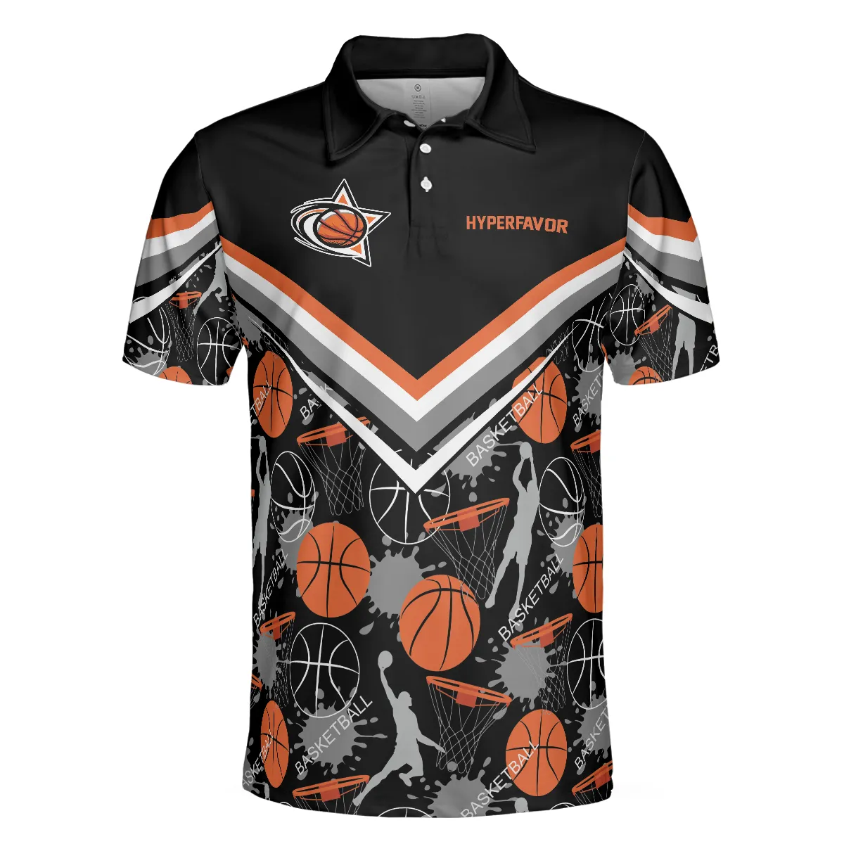 Basketball Pattern Polo Shirt, Black Basketball Polo Style Shirt For Basketball Lovers, Basketball Gift