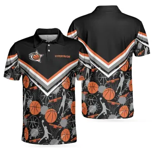 Basketball Pattern Polo Shirt, Black Basketball Polo Style Shirt For Basketball Lovers, Basketball Gift