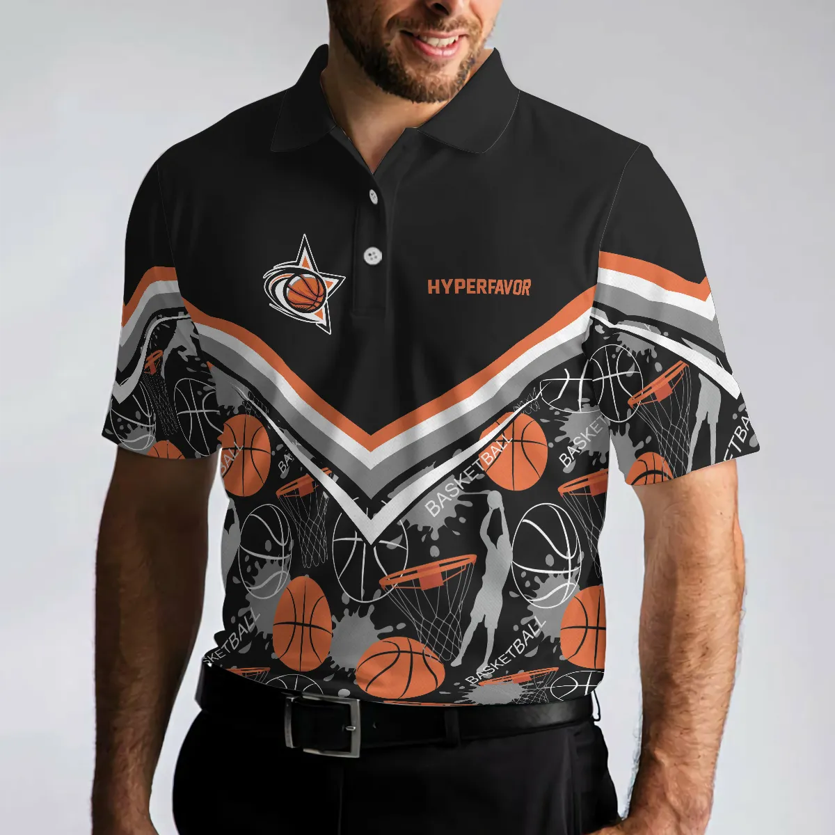 Basketball Pattern Polo Shirt, Black Basketball Polo Style Shirt For Basketball Lovers, Basketball Gift