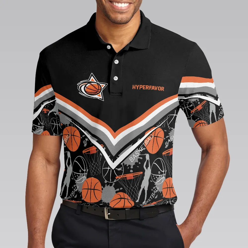 Basketball Pattern Polo Shirt, Black Basketball Polo Style Shirt For Basketball Lovers, Basketball Gift