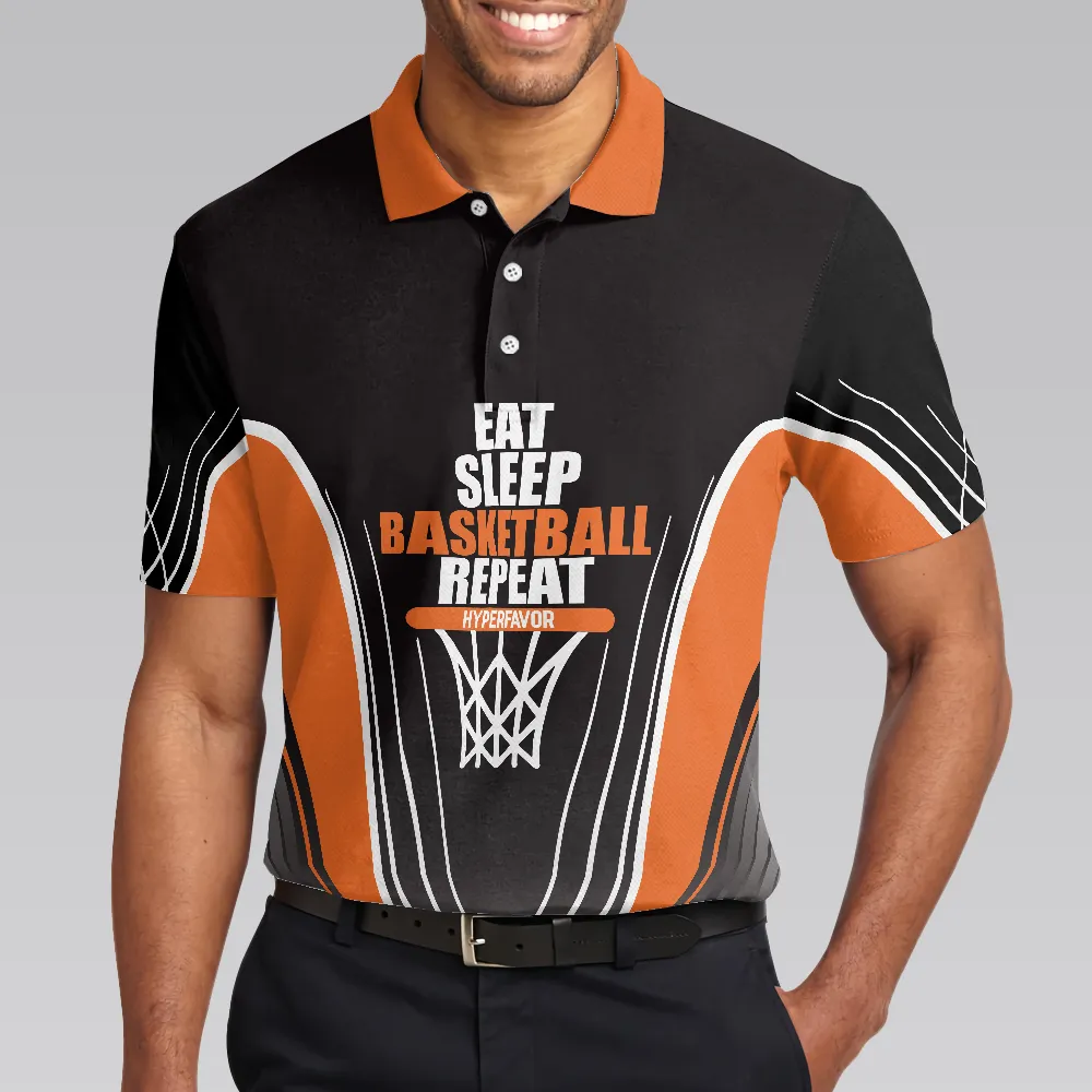 Basketball Players Eat Sleep Basketball Repeat Polo Shirt, Black And Orange BasketBall Shirt For Basketball Fans