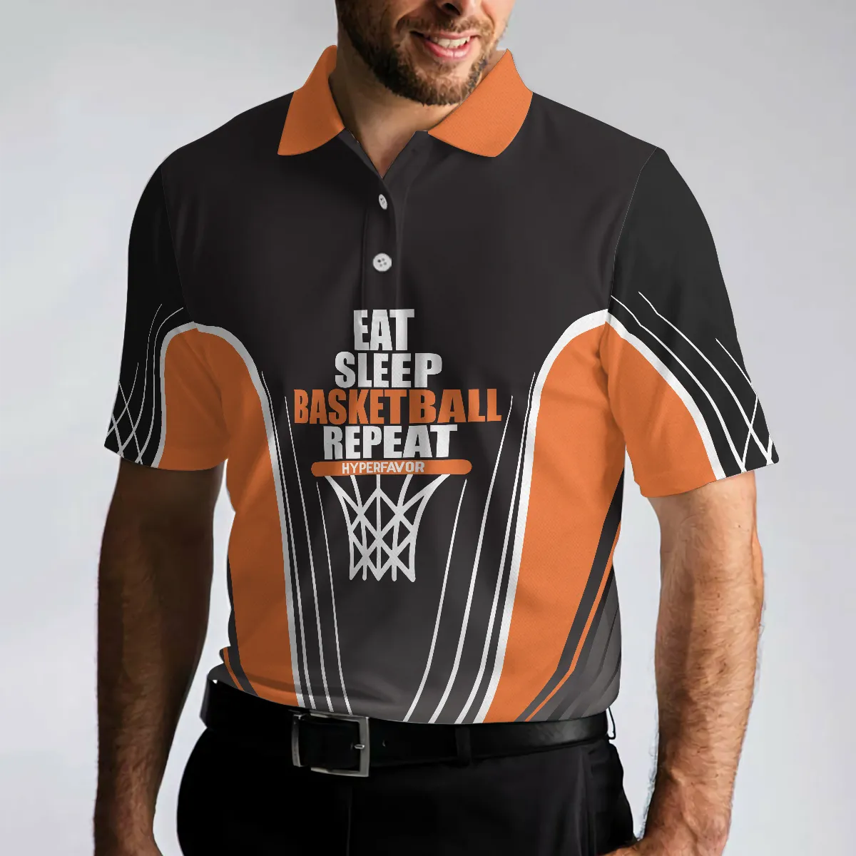 Basketball Players Eat Sleep Basketball Repeat Polo Shirt, Black And Orange BasketBall Shirt For Basketball Fans