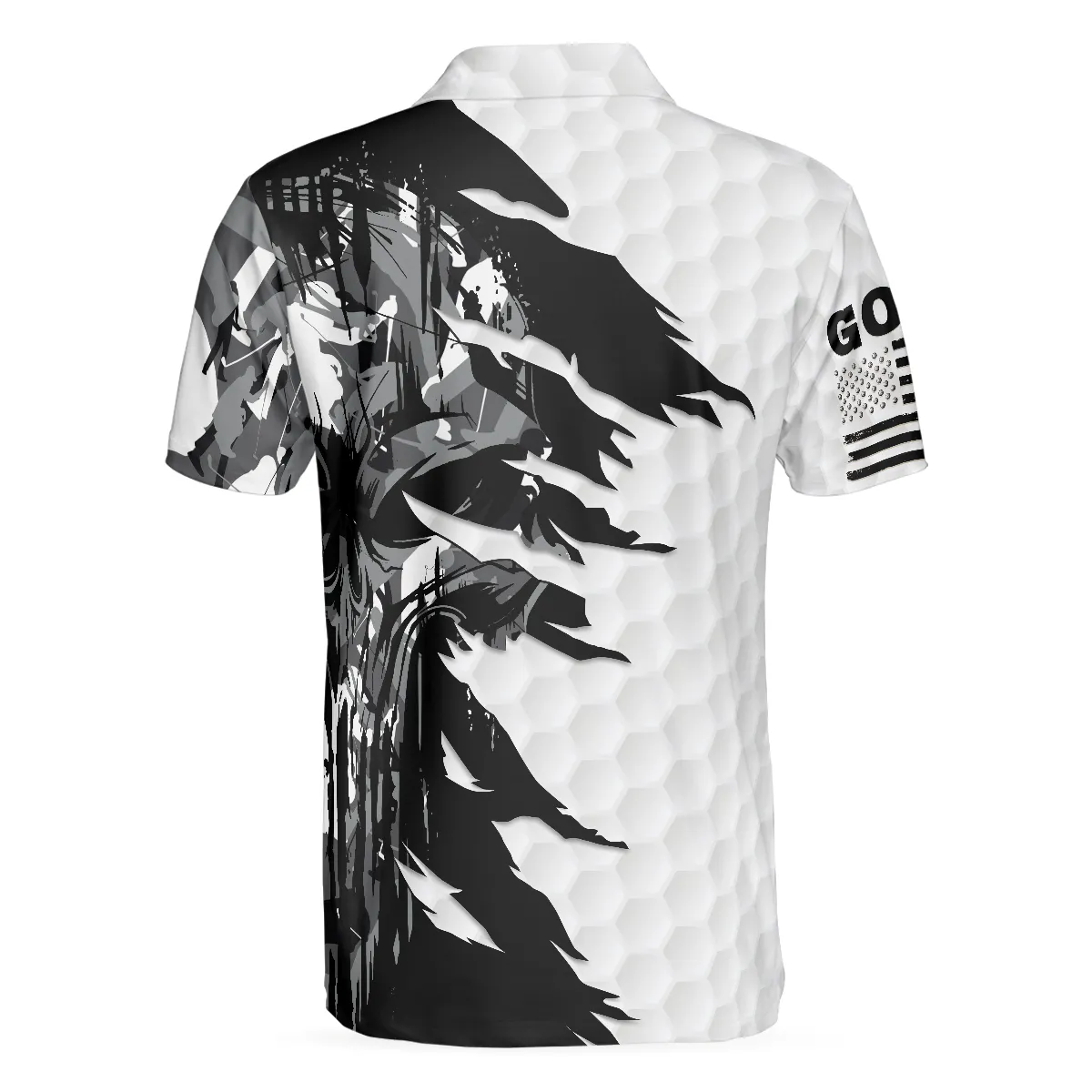 Black & White Ripped Vintage Golfing Clubs Skull Camouflage Polo Shirt, American Flag Polo Shirt, Camo Golf Shirt For Men