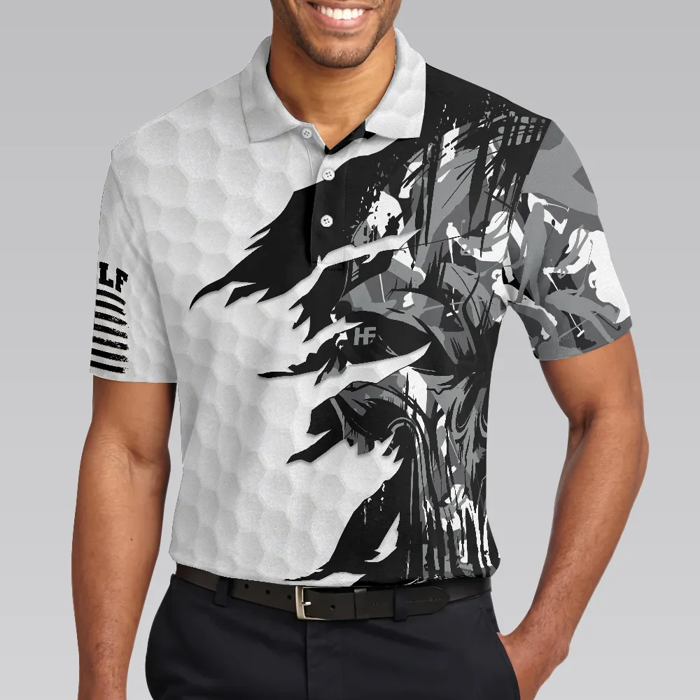 Black & White Ripped Vintage Golfing Clubs Skull Camouflage Polo Shirt, American Flag Polo Shirt, Camo Golf Shirt For Men