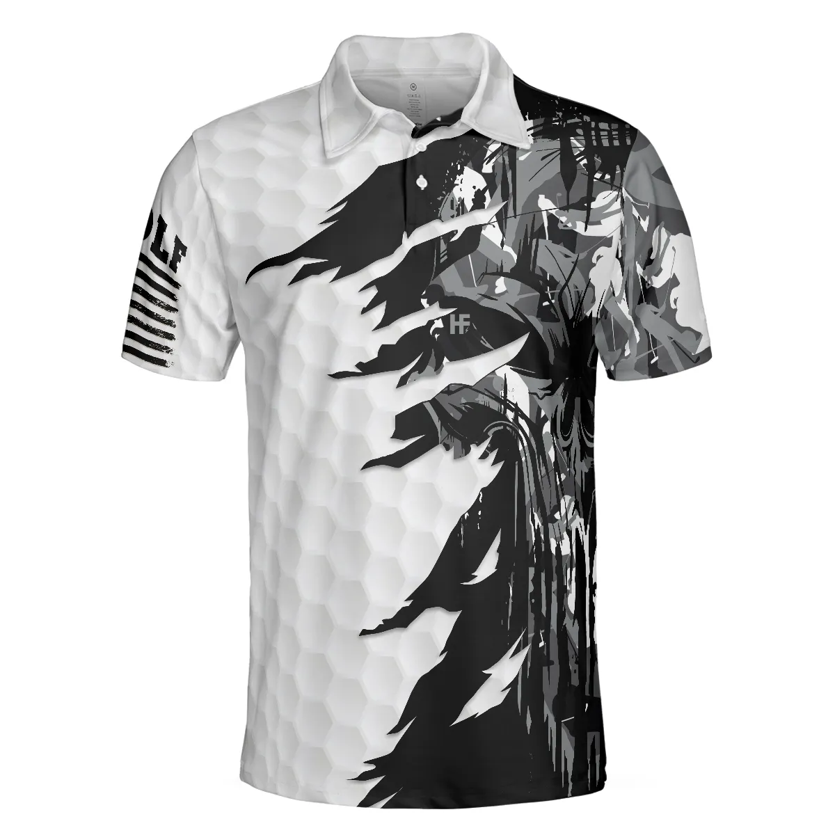 Black & White Ripped Vintage Golfing Clubs Skull Camouflage Polo Shirt, American Flag Polo Shirt, Camo Golf Shirt For Men