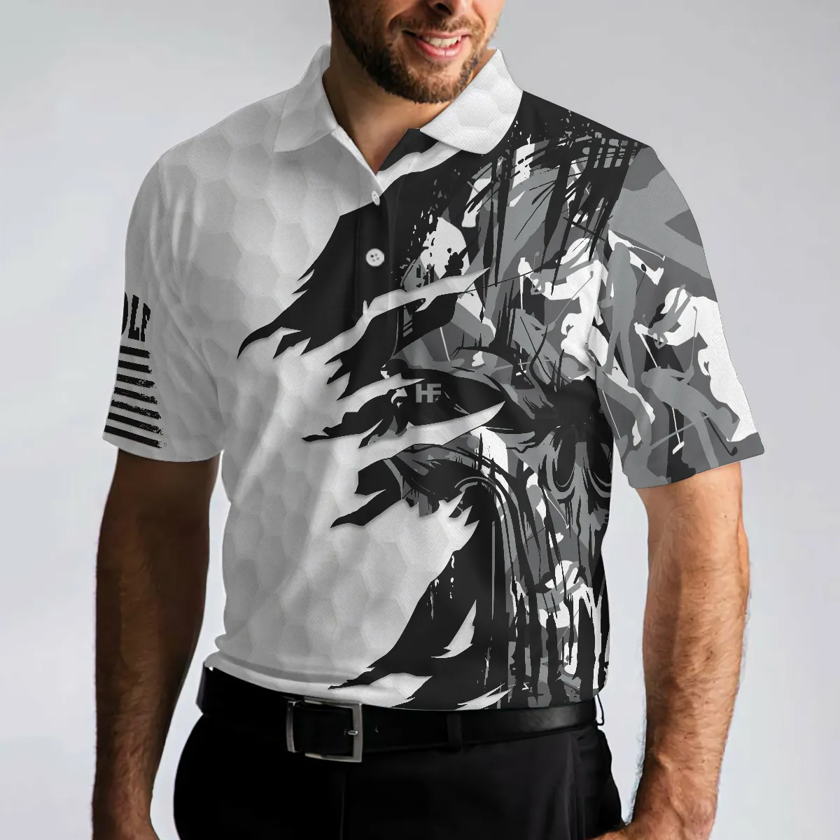 Black & White Ripped Vintage Golfing Clubs Skull Camouflage Polo Shirt, American Flag Polo Shirt, Camo Golf Shirt For Men