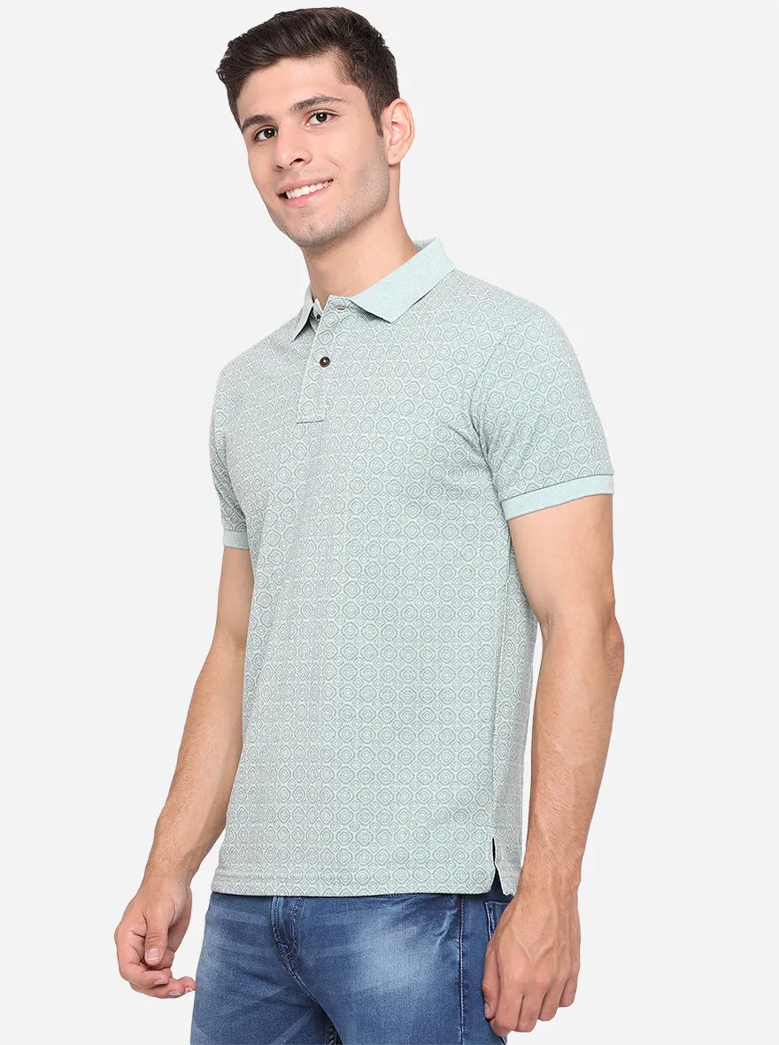 Cameo Green Printed Slim Fit Polo T-Shirt | Greenfibre