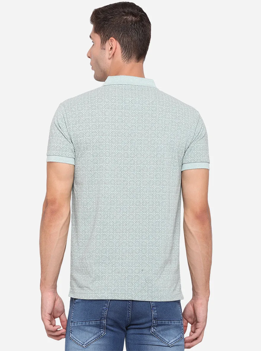 Cameo Green Printed Slim Fit Polo T-Shirt | Greenfibre