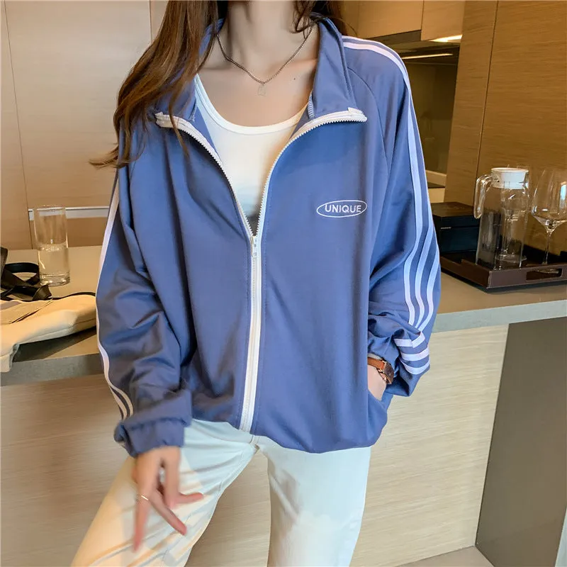 Cotton cecBaseball Jersey Tops Women Korean Hong Kong Stand Collar Zipper Cardigan Outerwear