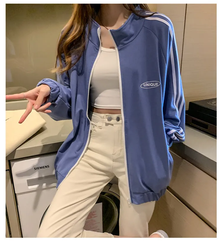 Cotton cecBaseball Jersey Tops Women Korean Hong Kong Stand Collar Zipper Cardigan Outerwear