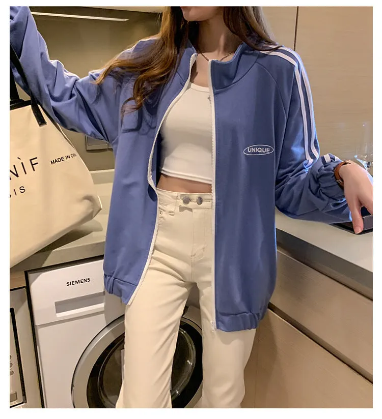 Cotton cecBaseball Jersey Tops Women Korean Hong Kong Stand Collar Zipper Cardigan Outerwear
