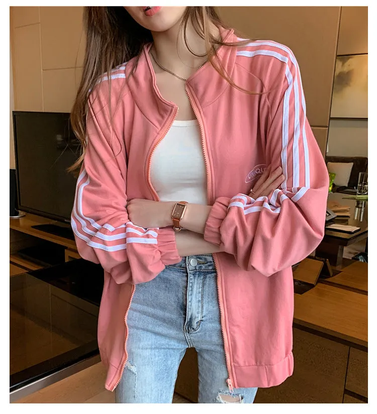 Cotton cecBaseball Jersey Tops Women Korean Hong Kong Stand Collar Zipper Cardigan Outerwear