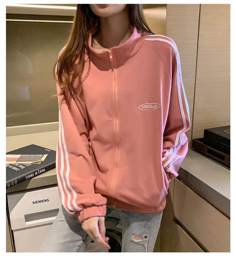 Cotton cecBaseball Jersey Tops Women Korean Hong Kong Stand Collar Zipper Cardigan Outerwear
