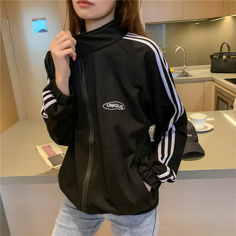 Cotton cecBaseball Jersey Tops Women Korean Hong Kong Stand Collar Zipper Cardigan Outerwear