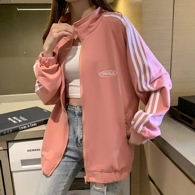 Cotton cecBaseball Jersey Tops Women Korean Hong Kong Stand Collar Zipper Cardigan Outerwear