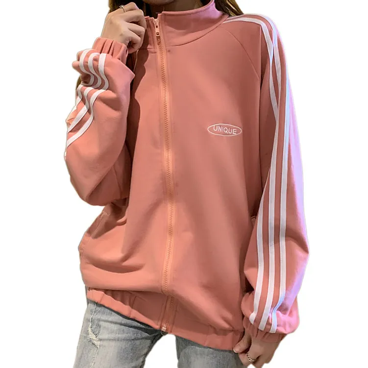 Cotton cecBaseball Jersey Tops Women Korean Hong Kong Stand Collar Zipper Cardigan Outerwear