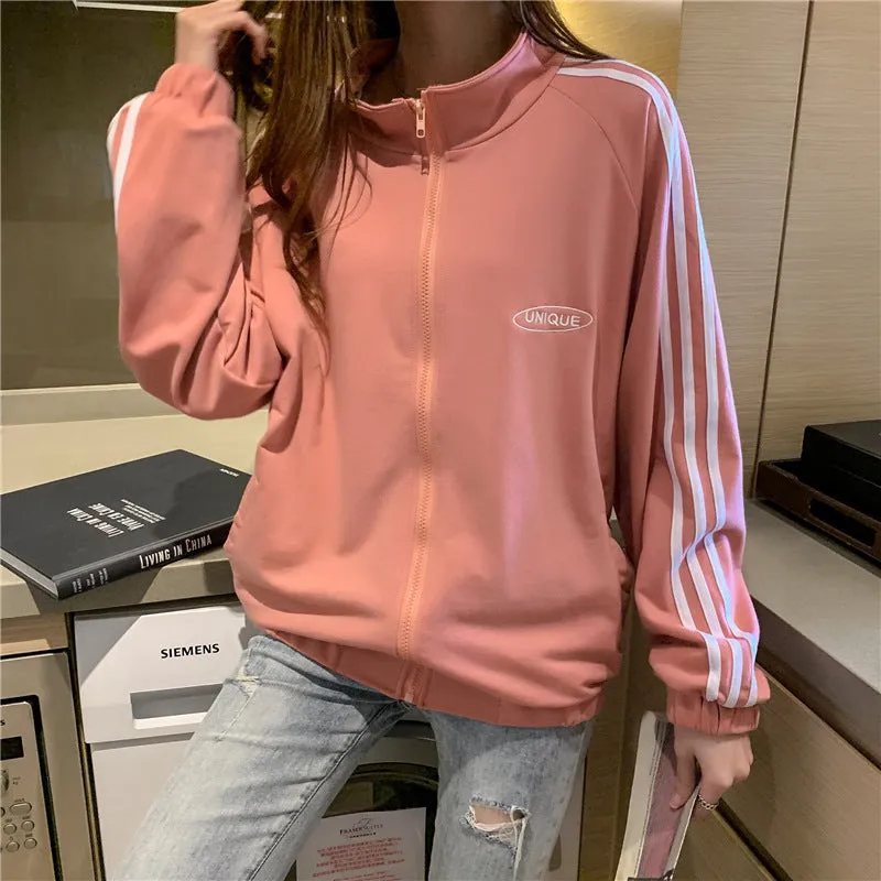 Cotton cecBaseball Jersey Tops Women Korean Hong Kong Stand Collar Zipper Cardigan Outerwear