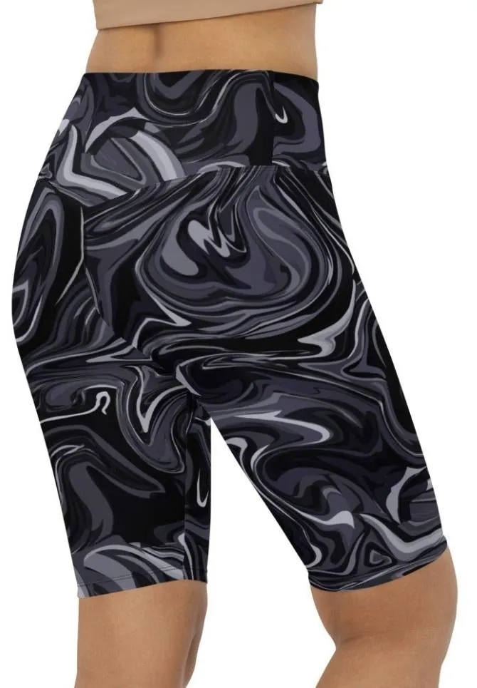 Dark Monochrome Marble Biker Shorts