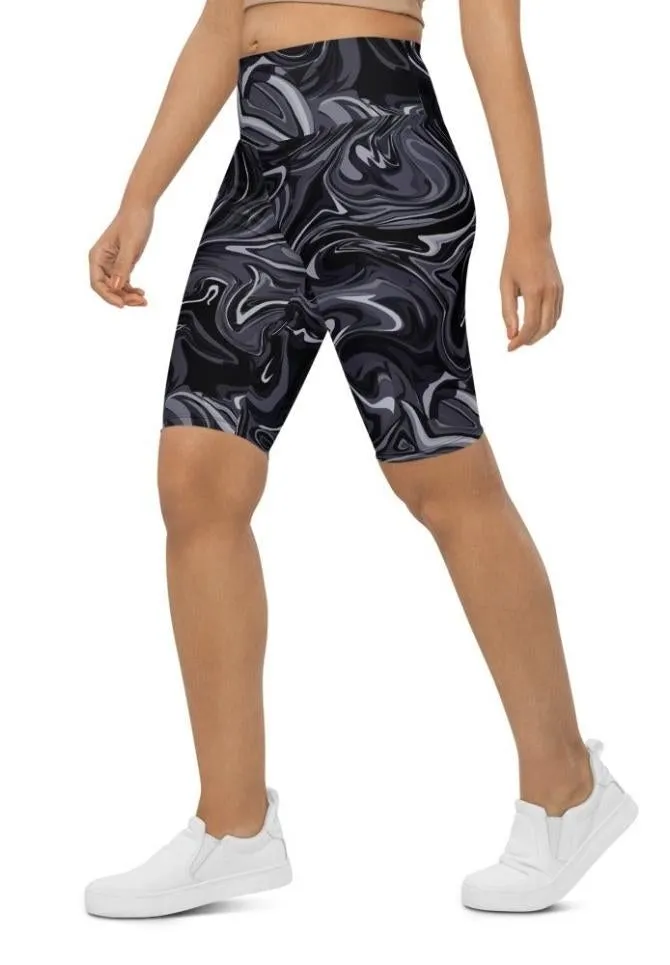 Dark Monochrome Marble Biker Shorts