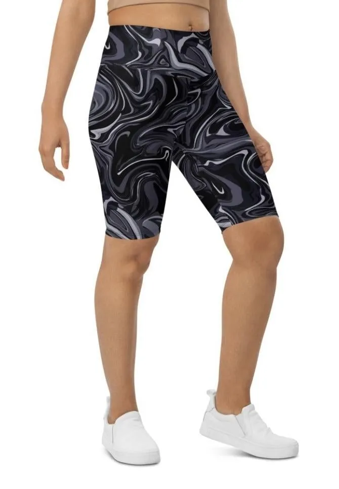 Dark Monochrome Marble Biker Shorts