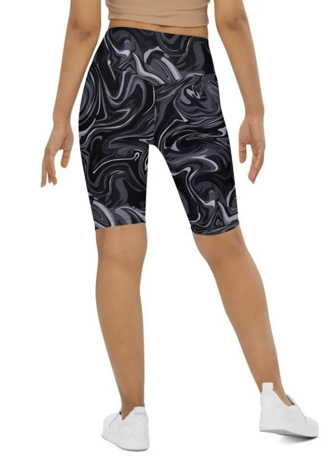 Dark Monochrome Marble Biker Shorts