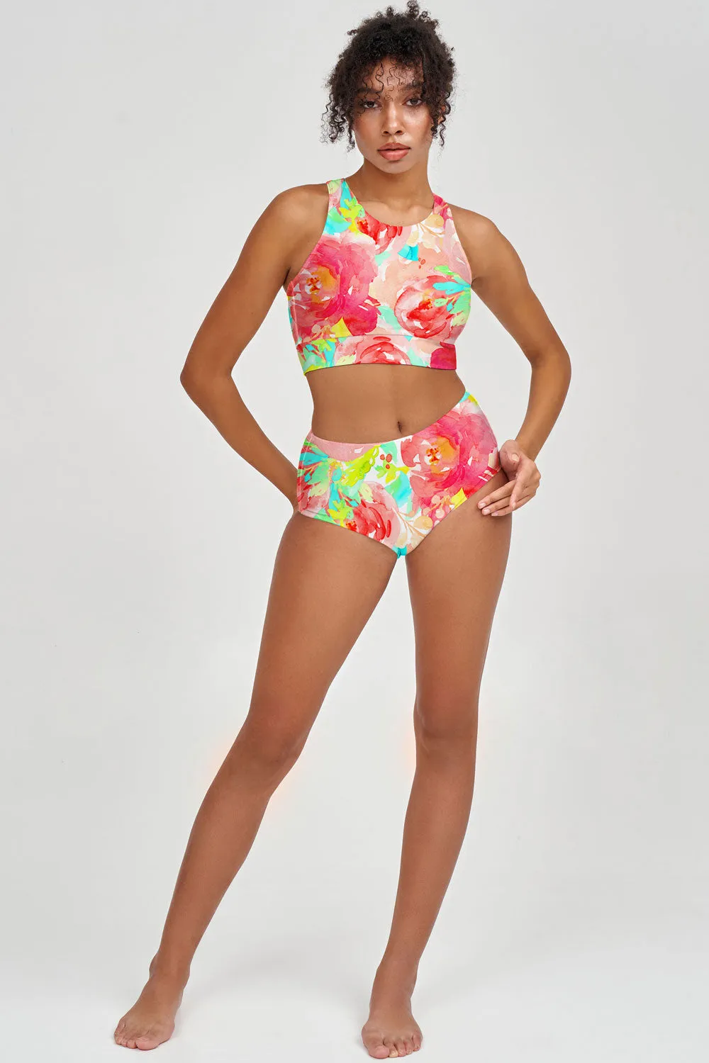 Good Idea Cara Pink Green Flower Printed Hipster Bikini Bottom - Women