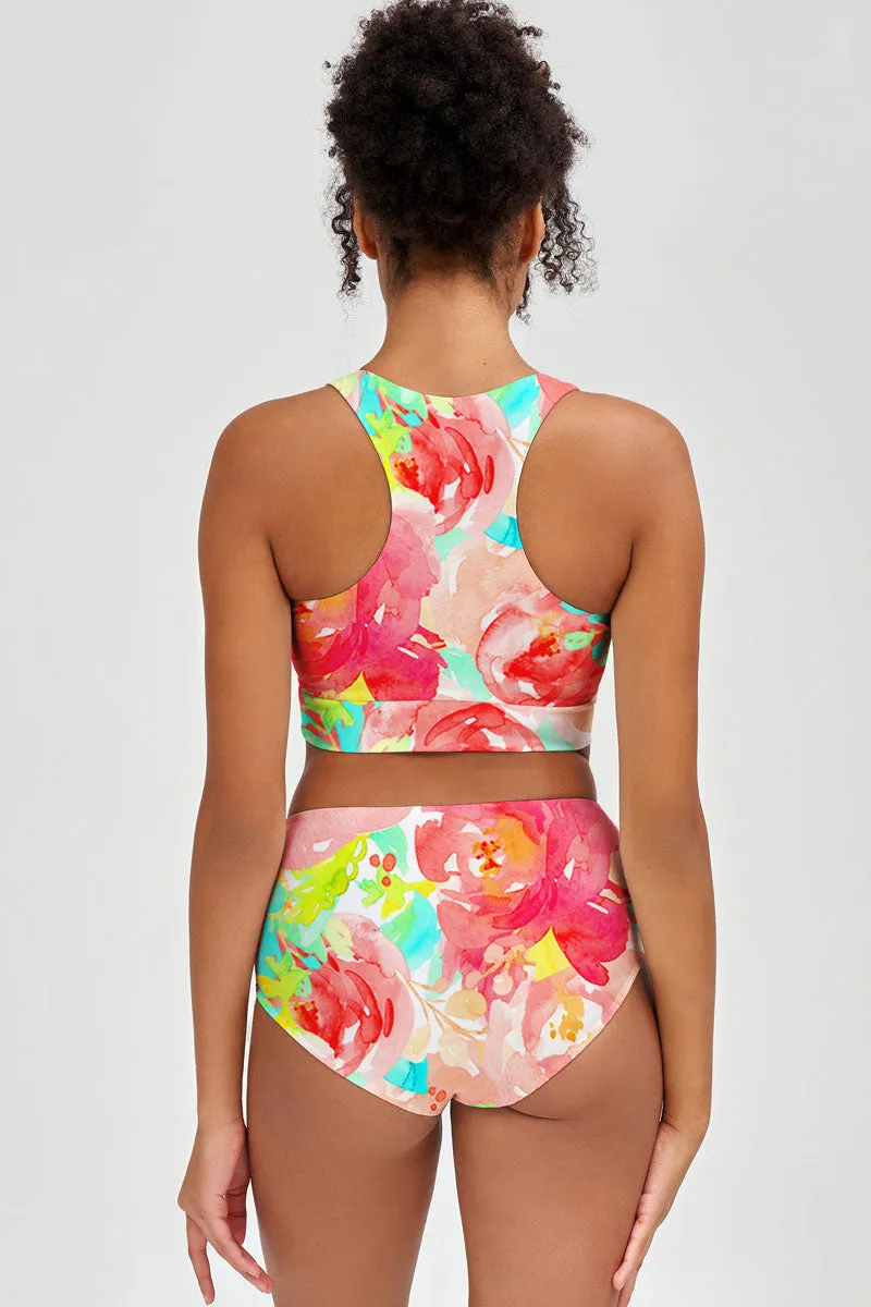 Good Idea Cara Pink Green Flower Printed Hipster Bikini Bottom - Women