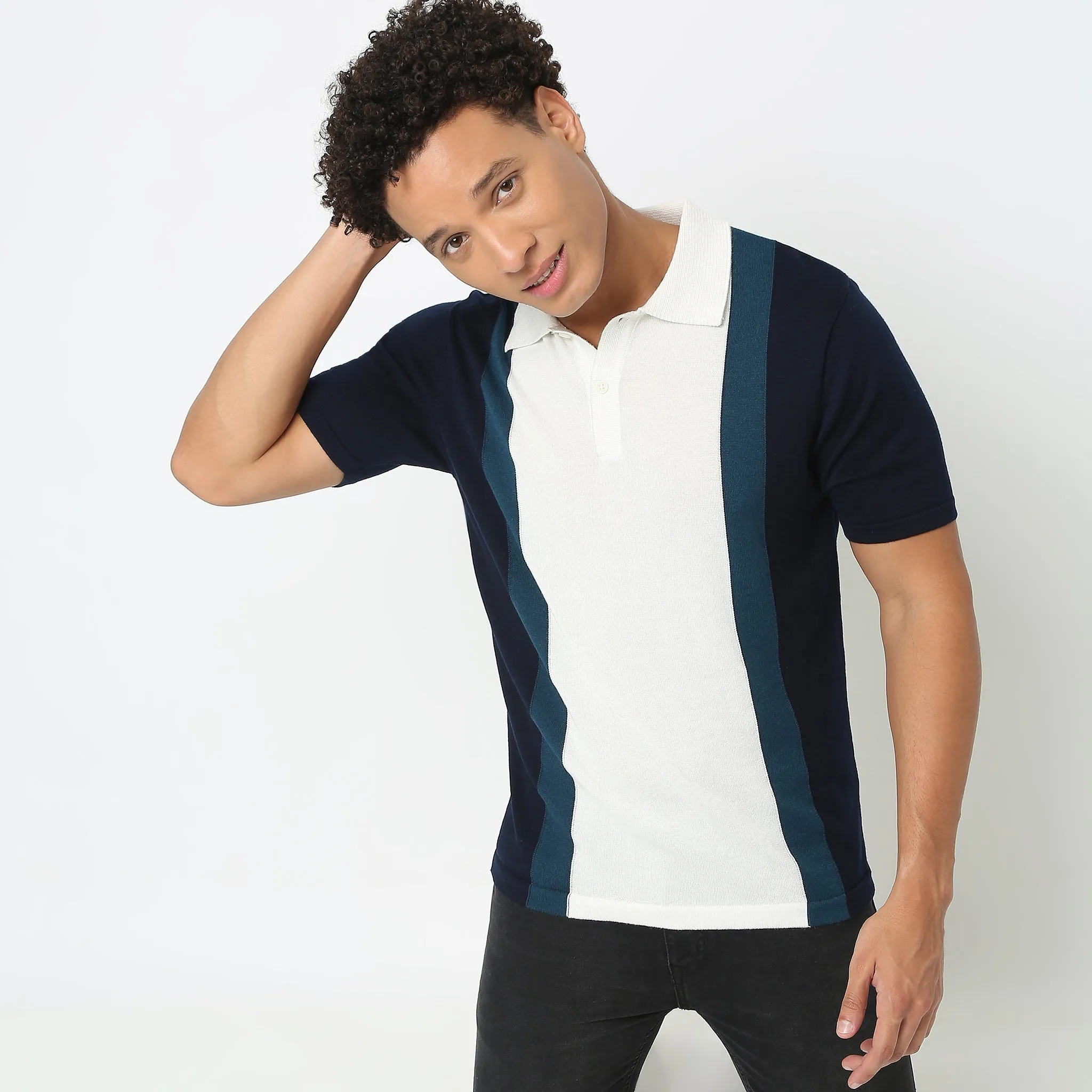 Hand Knit Jersey™ Modern Smart Vertical Stripes Flat Knit Regular Fit Polo T-Shirt