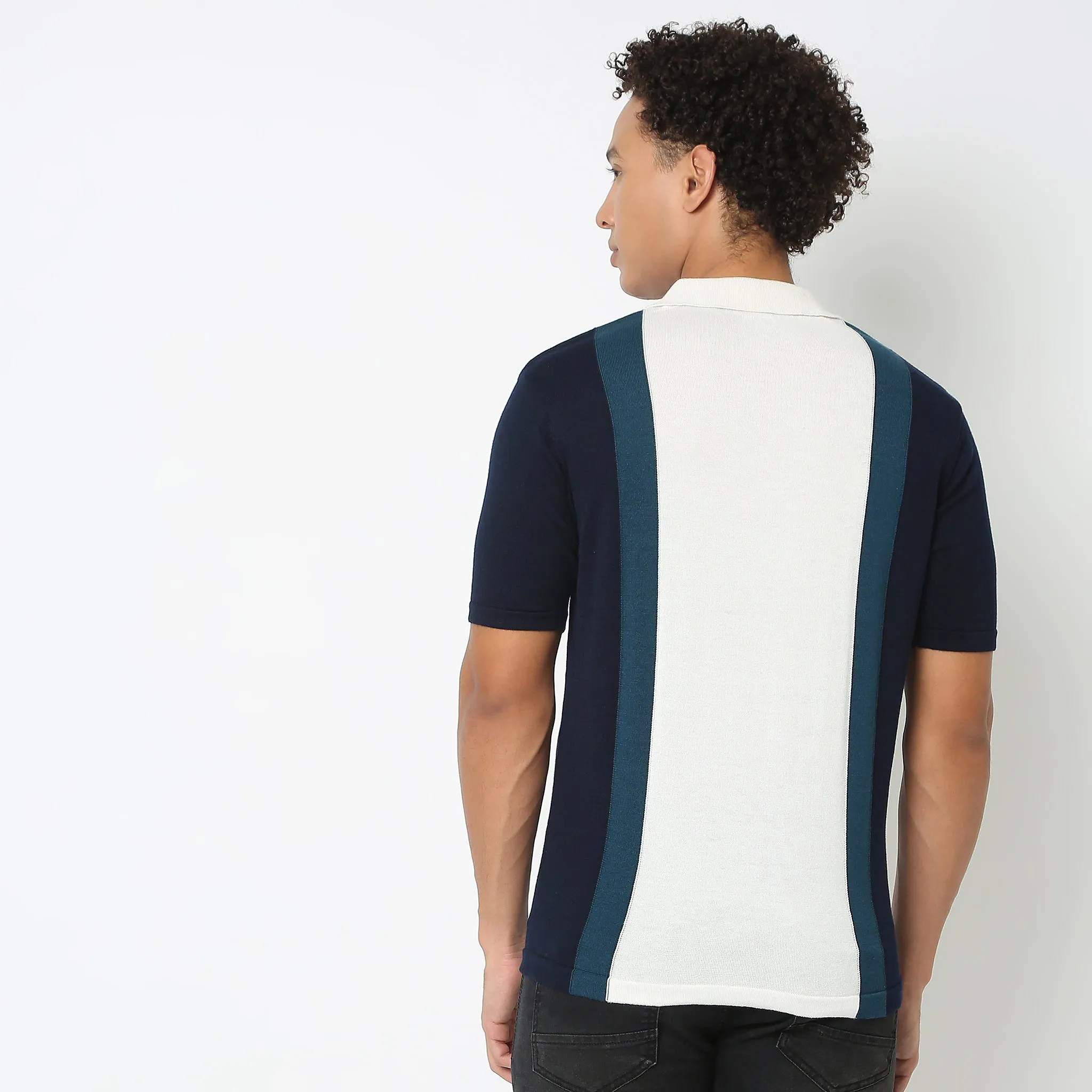 Hand Knit Jersey™ Modern Smart Vertical Stripes Flat Knit Regular Fit Polo T-Shirt
