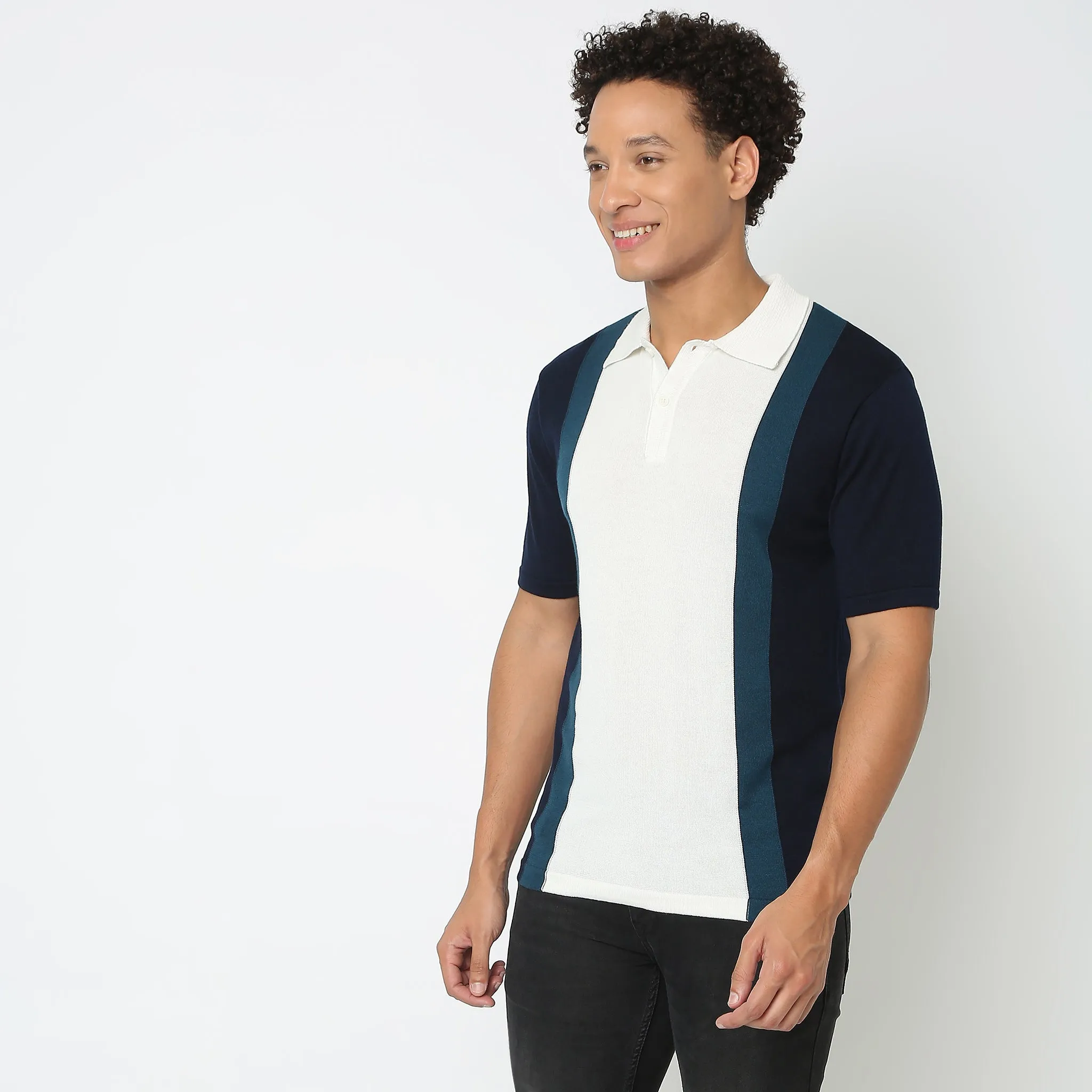 Hand Knit Jersey™ Modern Smart Vertical Stripes Flat Knit Regular Fit Polo T-Shirt