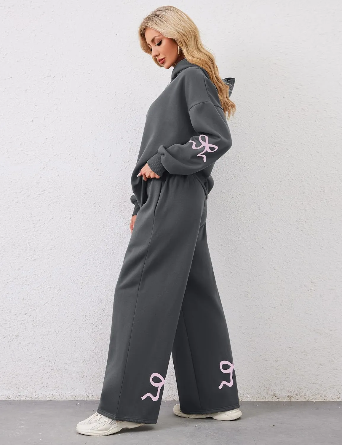 Livtany Women's 2 Piece Outfits Bow Trim Print Hoodie Sweatsuit Sets Oversized Sweatshirt Wide Leg Sweatpants With Pockets