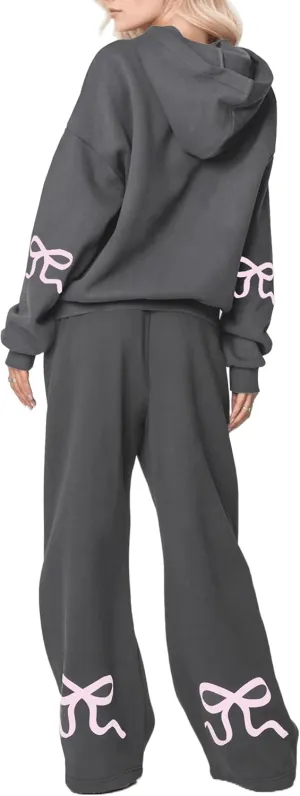 Livtany Women's 2 Piece Outfits Bow Trim Print Hoodie Sweatsuit Sets Oversized Sweatshirt Wide Leg Sweatpants With Pockets