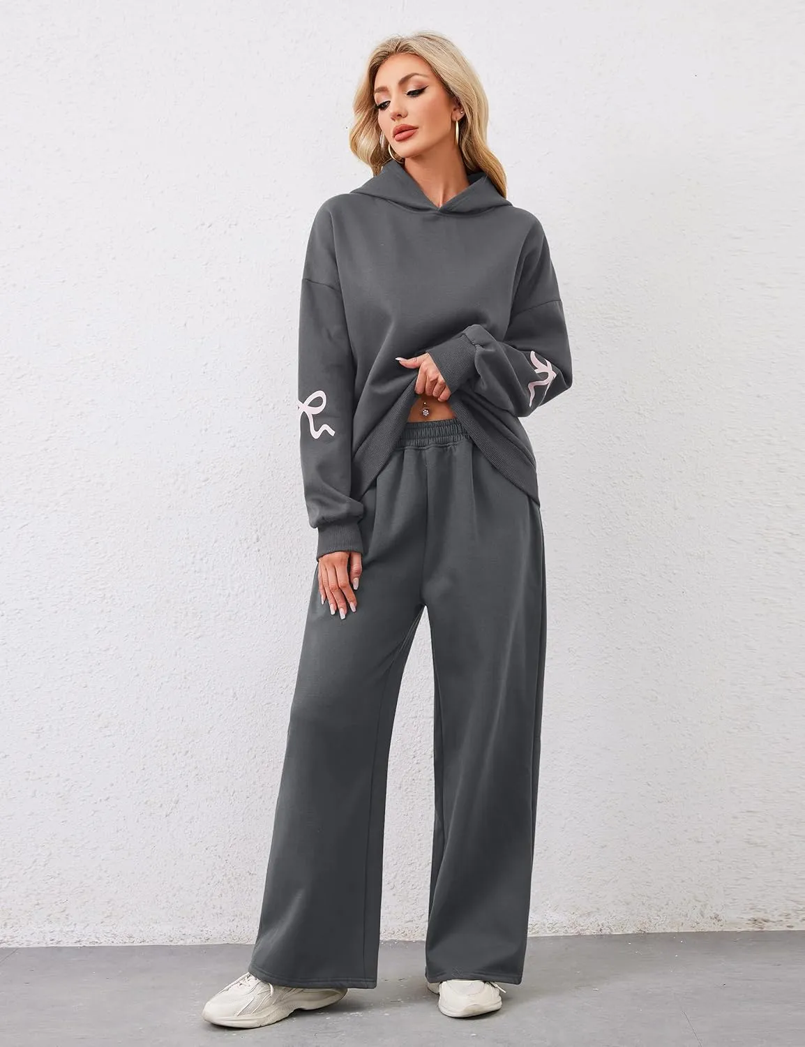 Livtany Women's 2 Piece Outfits Bow Trim Print Hoodie Sweatsuit Sets Oversized Sweatshirt Wide Leg Sweatpants With Pockets
