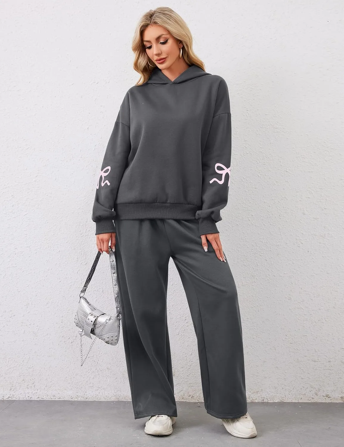 Livtany Women's 2 Piece Outfits Bow Trim Print Hoodie Sweatsuit Sets Oversized Sweatshirt Wide Leg Sweatpants With Pockets