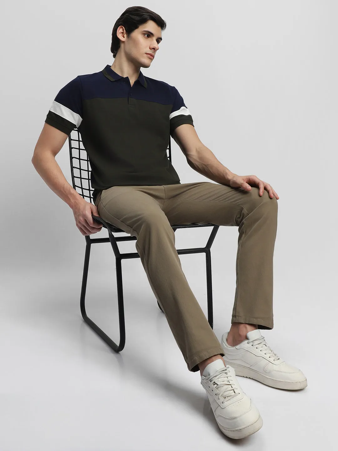 Men's Spread Collar Slim Fit Colorblock Olive T-shirt