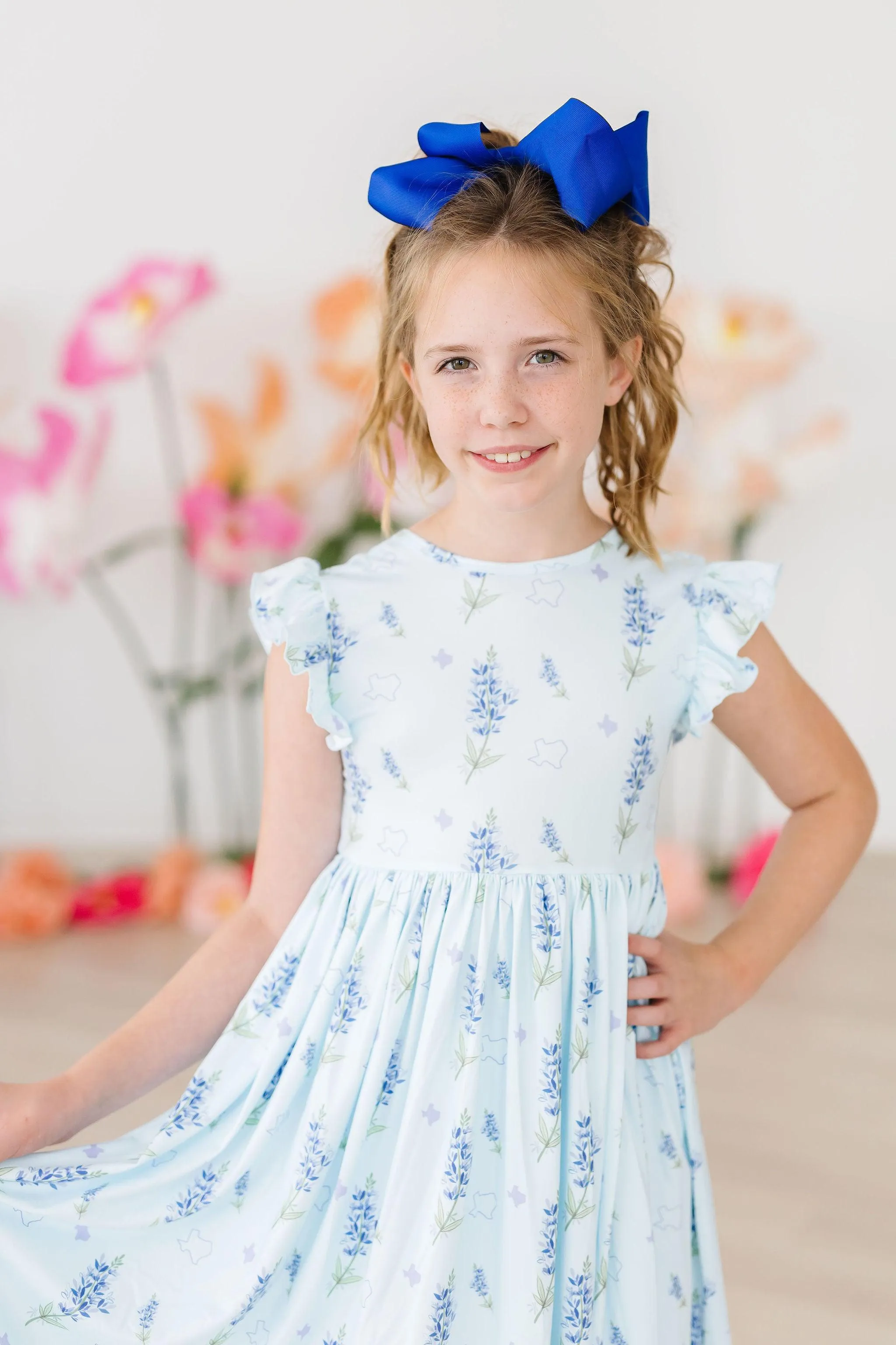 Mila & Rose Texas Bluebonnets Flutter Sleeve Twirl Dress
