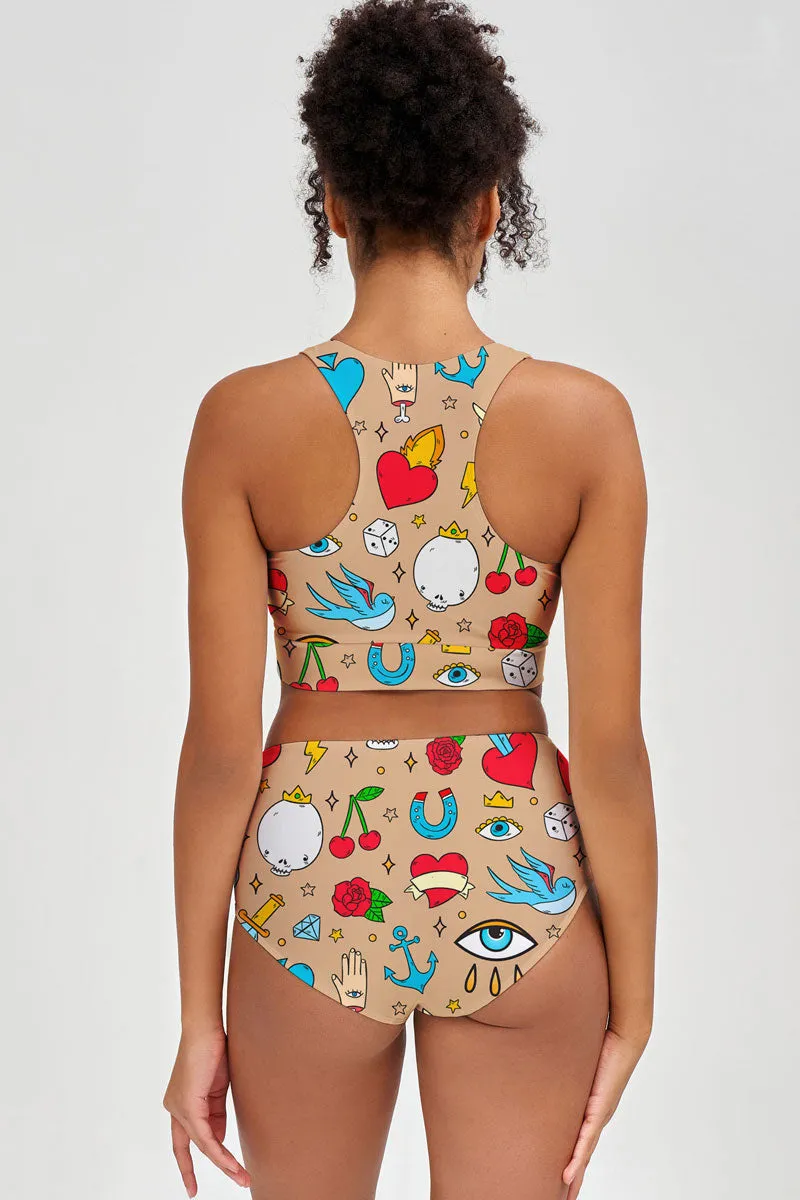 Pretty in Ink Cara Beige Tattoo Printed Hipster Bikini Bottom - Women