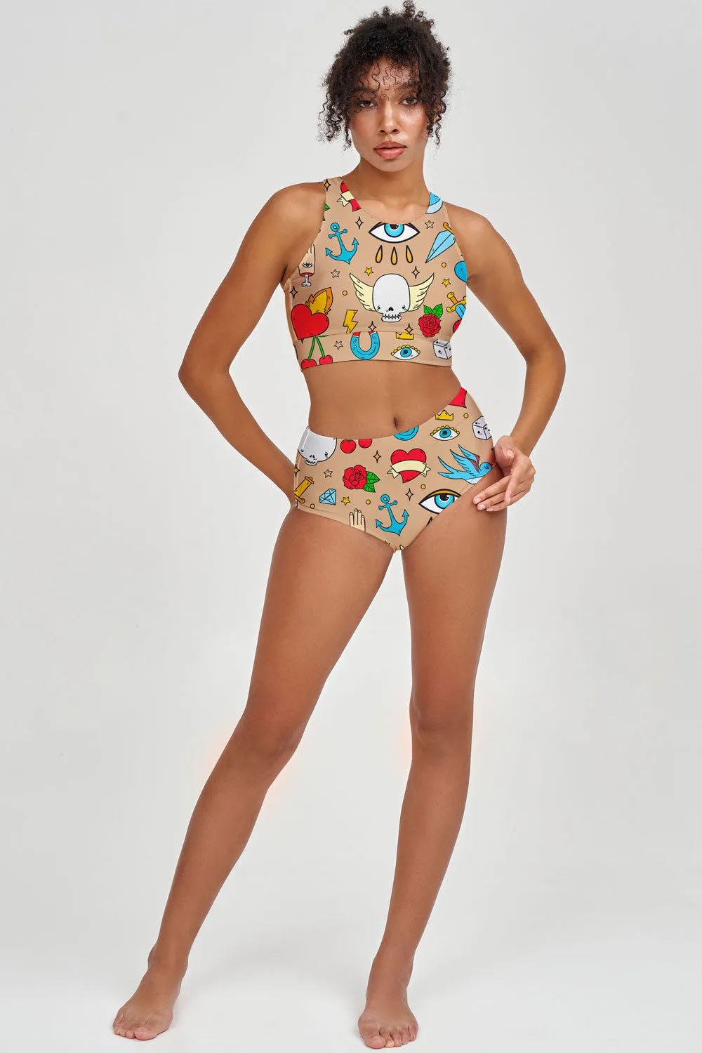 Pretty in Ink Cara Beige Tattoo Printed Hipster Bikini Bottom - Women