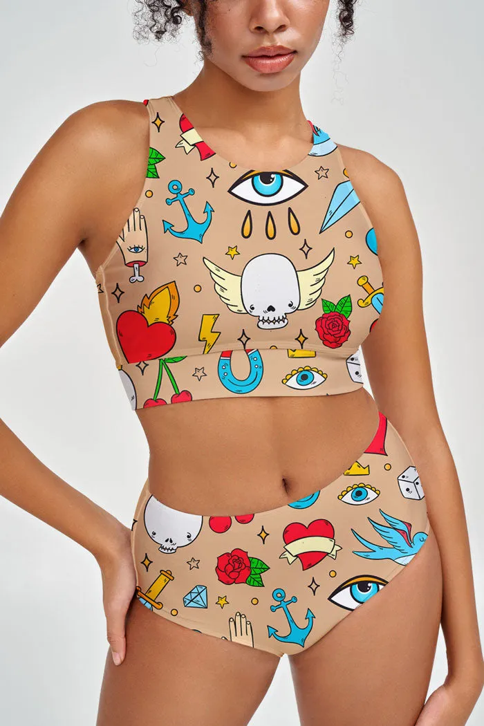 Pretty in Ink Cara Beige Tattoo Printed Hipster Bikini Bottom - Women