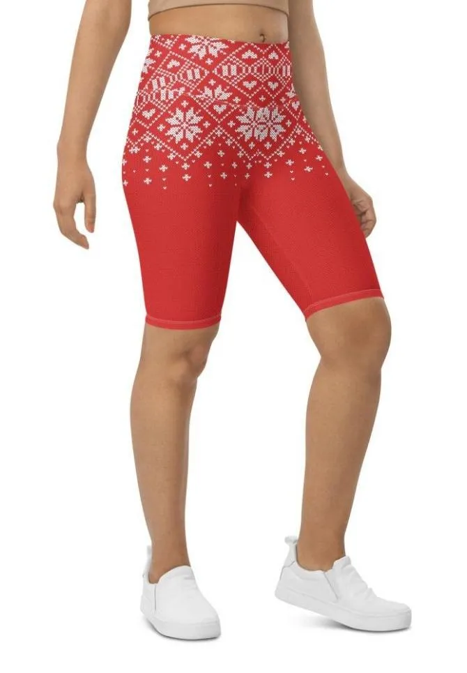 Red Knitted Print Christmas Biker Shorts