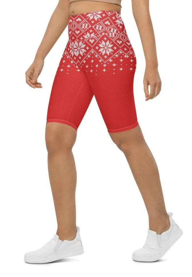 Red Knitted Print Christmas Biker Shorts