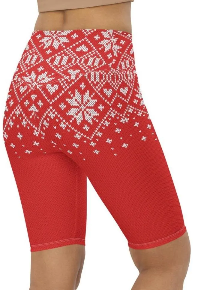 Red Knitted Print Christmas Biker Shorts