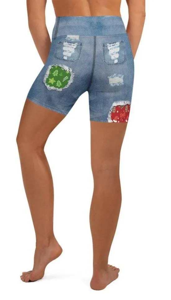 Ripped Denim Christmas Yoga Shorts