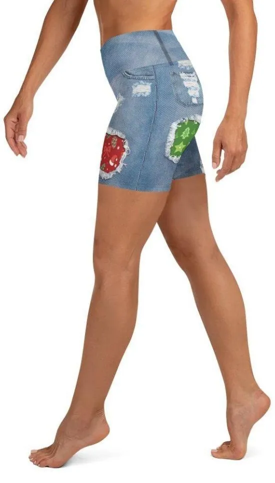 Ripped Denim Christmas Yoga Shorts