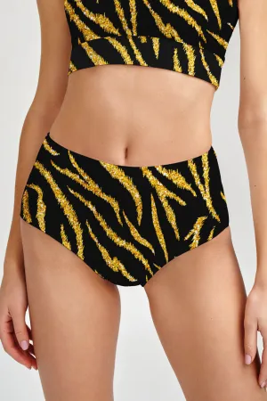 Roarsome Cara Black Gold Tiger Printed Hipster Bikini Bottom - Women