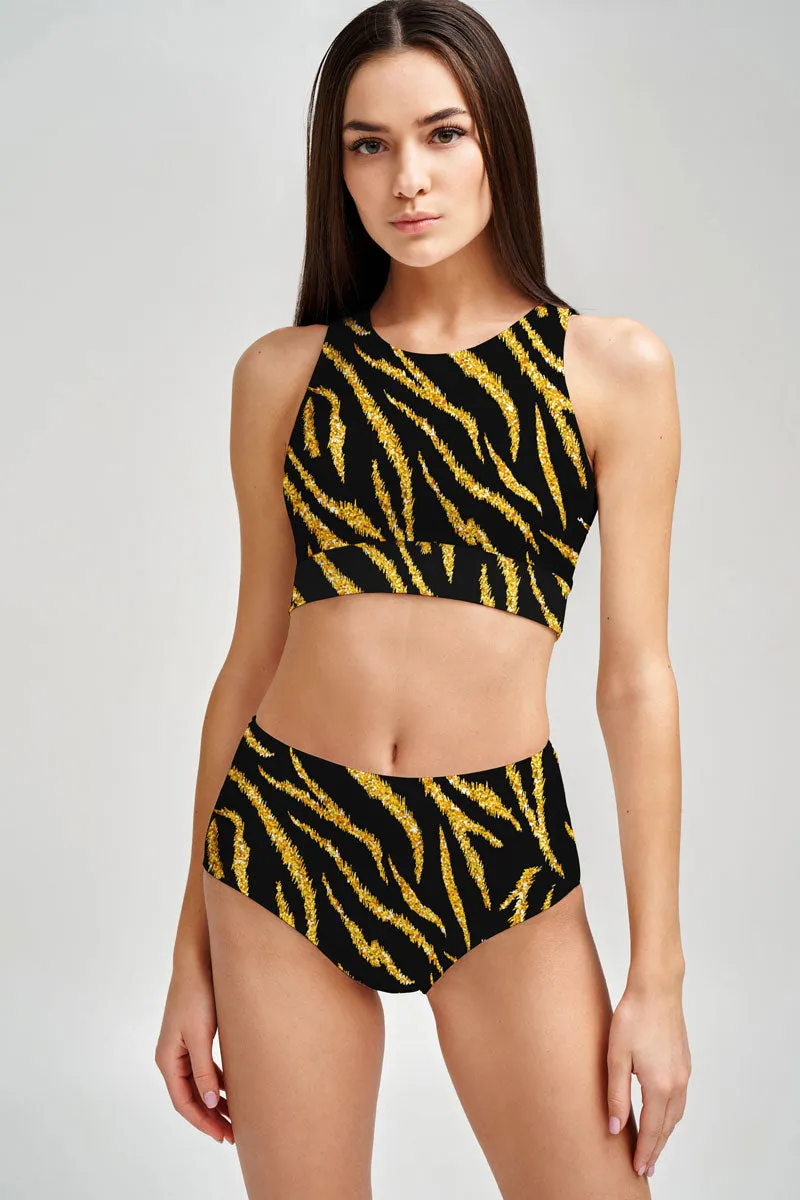 Roarsome Cara Black Gold Tiger Printed Hipster Bikini Bottom - Women