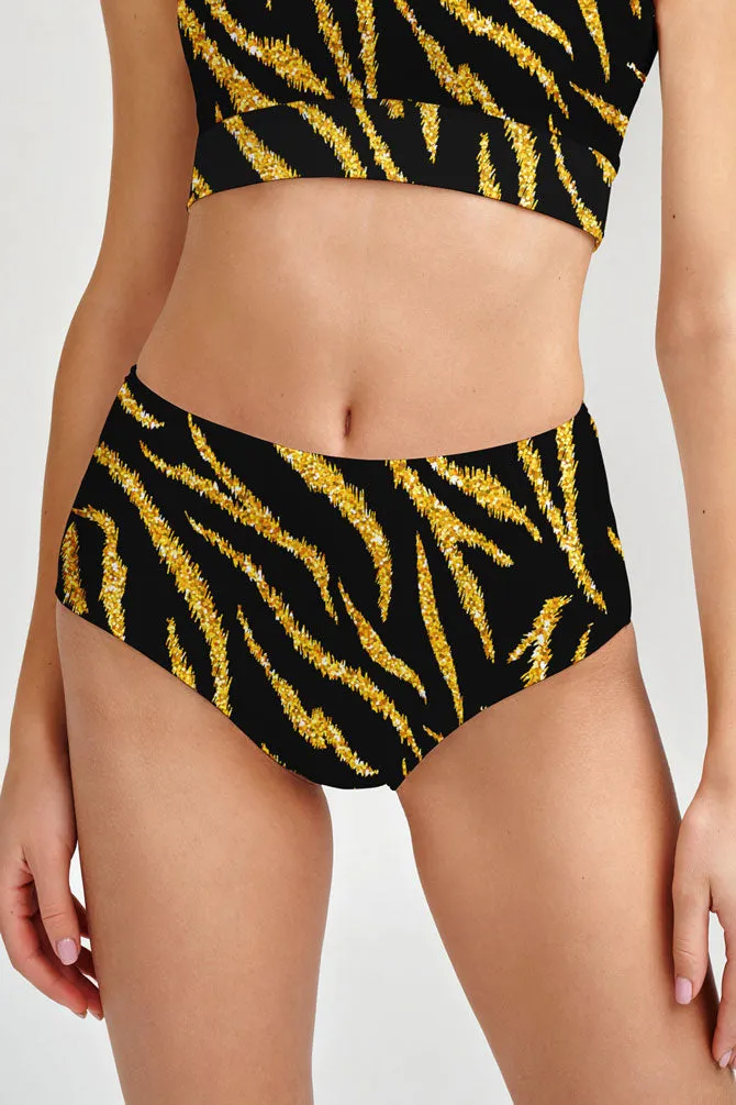 Roarsome Cara Black Gold Tiger Printed Hipster Bikini Bottom - Women