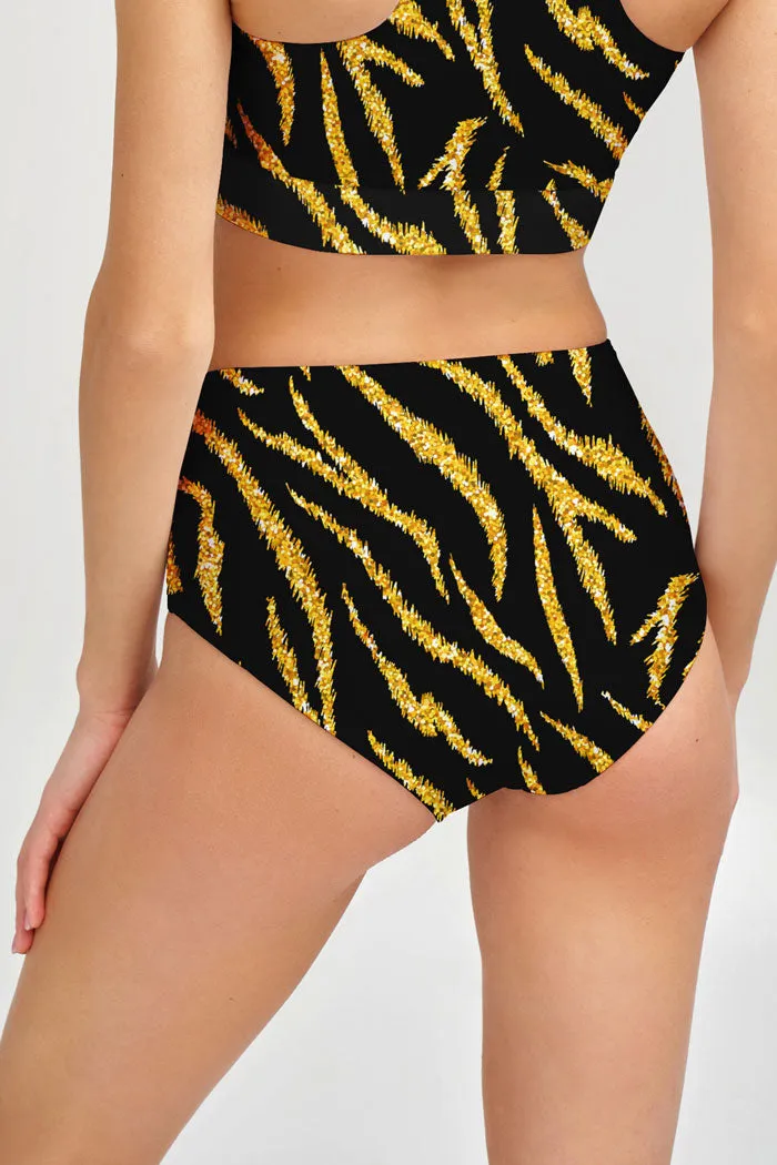 Roarsome Cara Black Gold Tiger Printed Hipster Bikini Bottom - Women