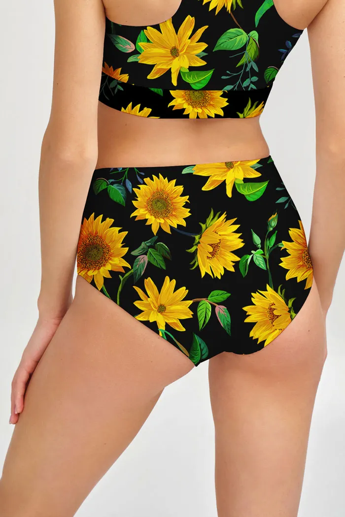 Sunnyflower Cara Black Yellow High-Waist Hipster Bikini Bottom - Women